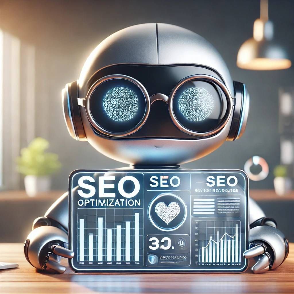 Digital Innova desvela los errores SEO más comunes que pueden estar frenando un negocio 3 DALLE 2024 10 28 22.09.18 A square image featuring a friendly futuristic robot with glasses named Di analyzing SEO data on a digital screen with charts graphs or analytics 1 1