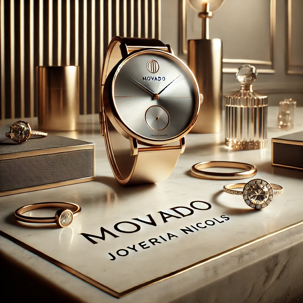 DALLE 2025 03 03 11.04.23 A high end campaign image showcasing the collaboration between Movado and Joyera NICOLS. The scene features a luxurious Movado watch with a minimalis 1