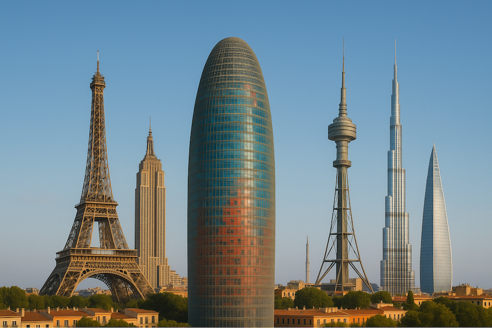 Fotomontaje de la Torre Glories con otras torres que forma parte de la World Federation of Great Towers