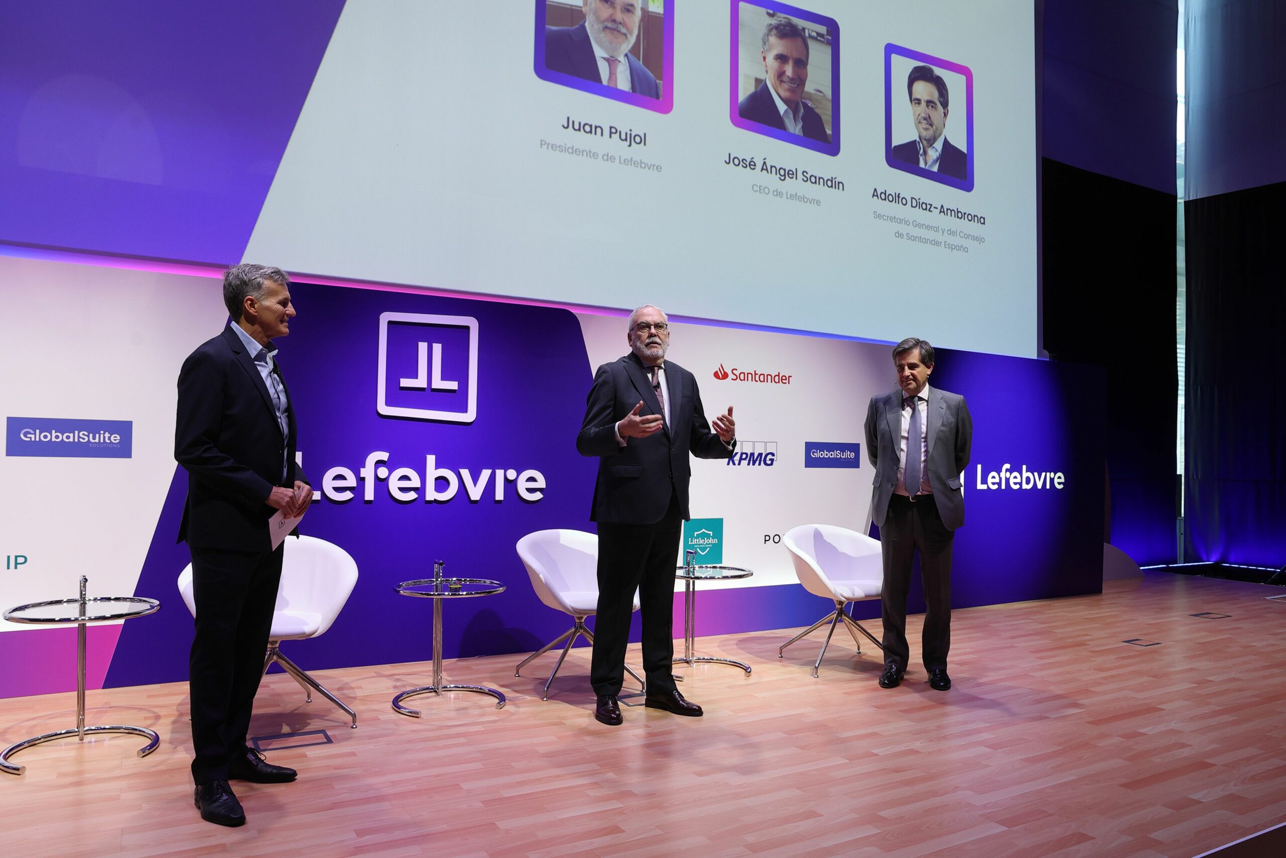 De izq a der Jos ngel Sandn CEO de Lefebvre Juan Pujol presidente de Lefebvre y Adolfo Daz Ambrona Secretario General y del Consejo de Santander Espaa scaled