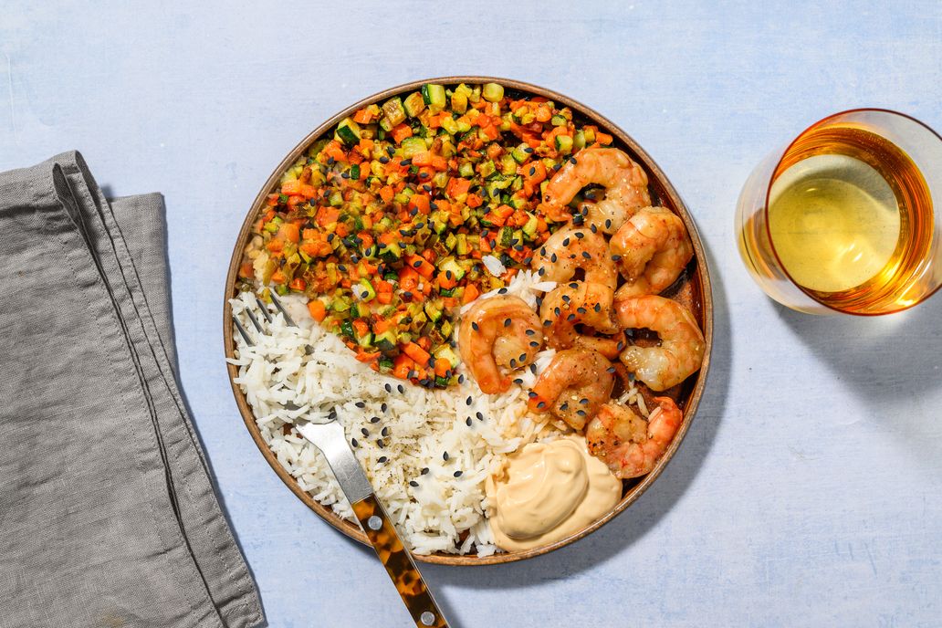 Viaje a Hawai poke de langostinos teriyaki con verduras salteadas y mayonesa asitica 1